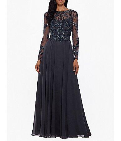 Xscape Illusion Crew Neck Long Sleeve Floral Beaded Bodice Chiffon Gown Product Image