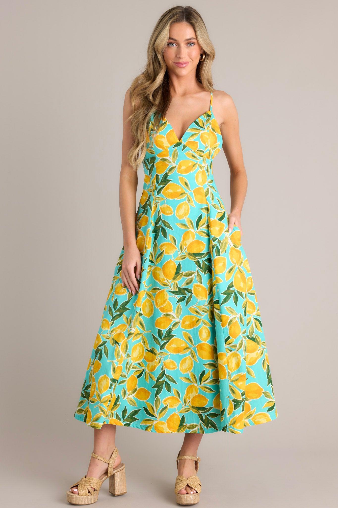 Sunshine Squeeze Aqua Lemon Print Midi Dress Product Image