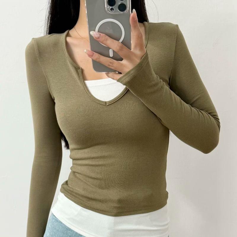 Mock Two-Piece Long-Sleeve Two Tone Knit Top Product Image