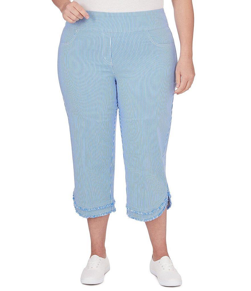 Ruby Rd. Plus Size Stripe Fringed Trim Hem Pull-On Capri Pants Product Image