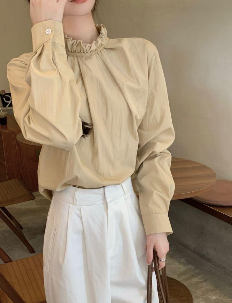 Long-Sleeve Plain Frill Trim Blouse Product Image