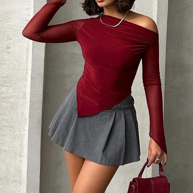 Long-Sleeve One-Shoulder Plain Asymmetrical Mesh Panel Tee Product Image