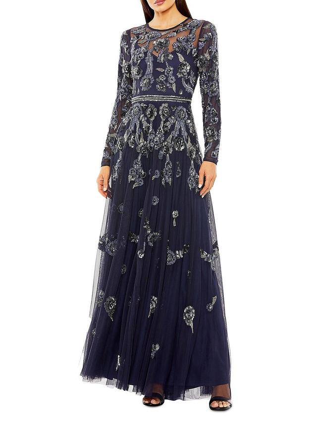 Womens Floral Beaded Mesh Gown Product Image