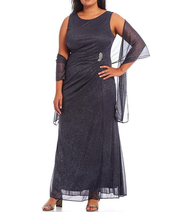 Ignite Evenings Plus Size Glitter Mesh Ruched Round Neck Sleeveless Shawl Gown Product Image