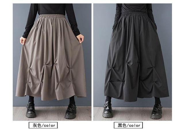 Elastic Waist Plain Ruched Maxi A-Line Skirt Product Image