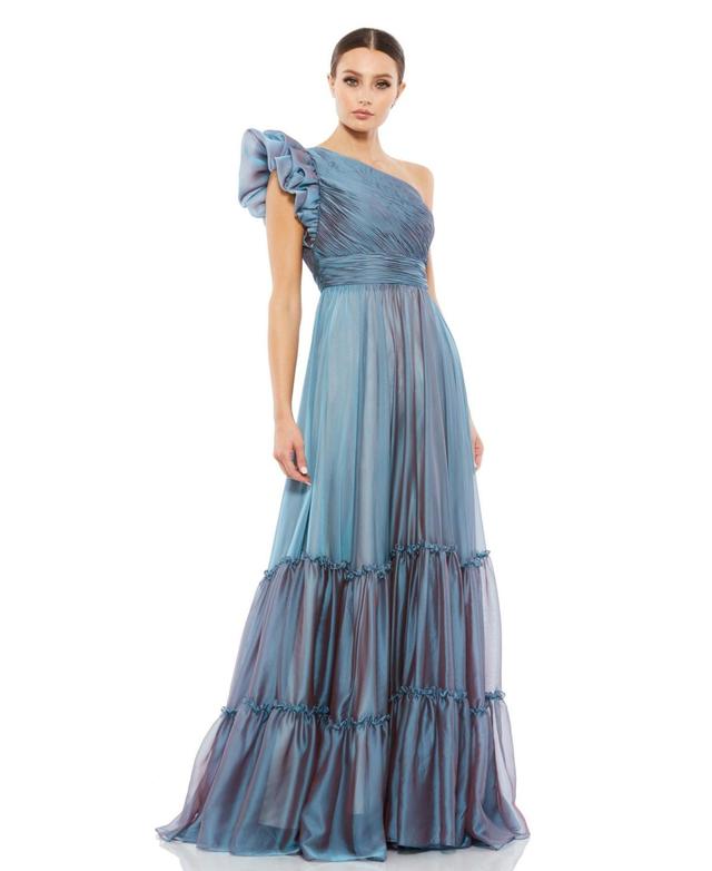 Womens Ruffled One Shoulder Tiered Chiffon Gown Product Image