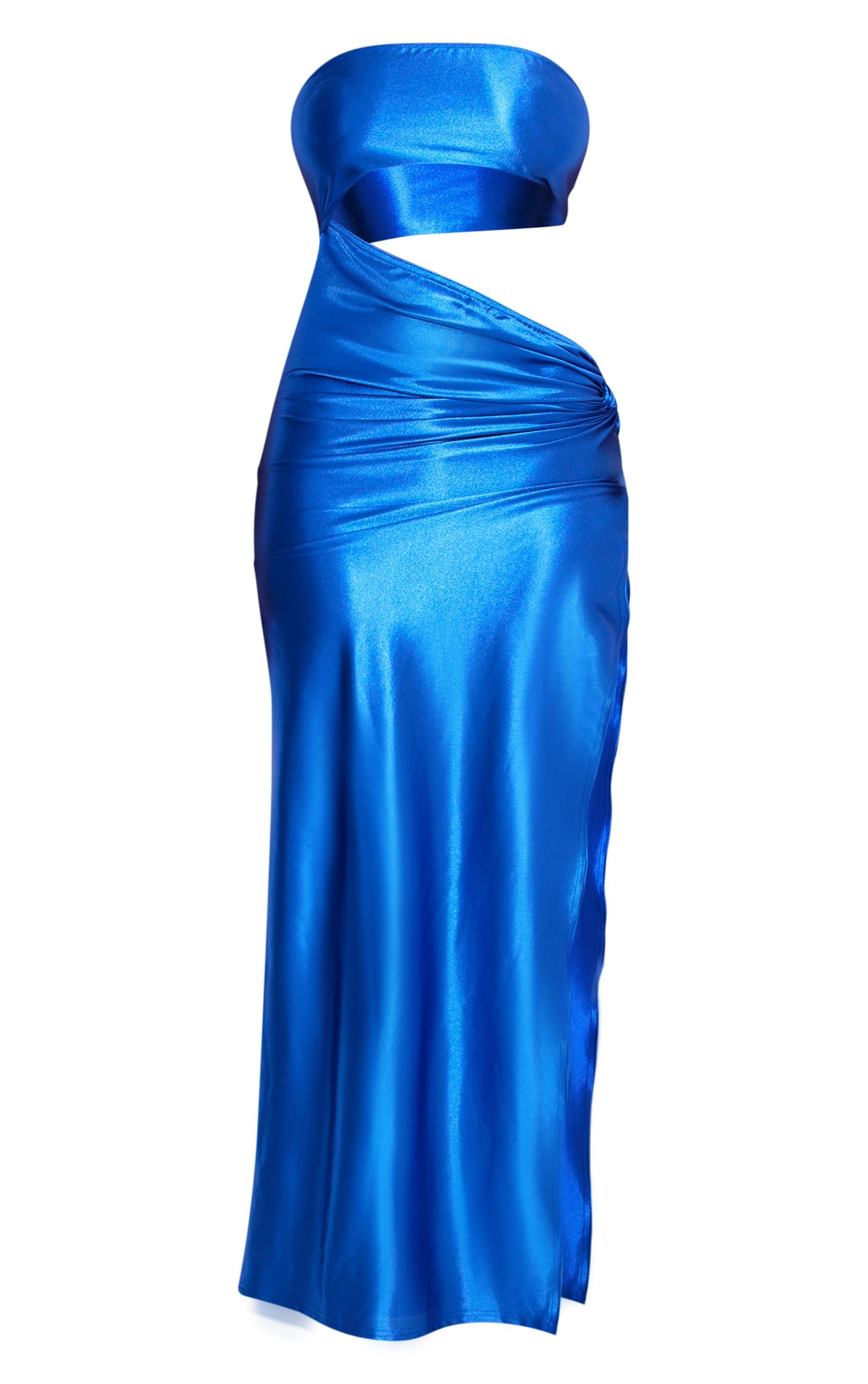 Shape Bright Blue Stretch Satin Bandeau Cut Out Split Detail Maxi Dress Product Image