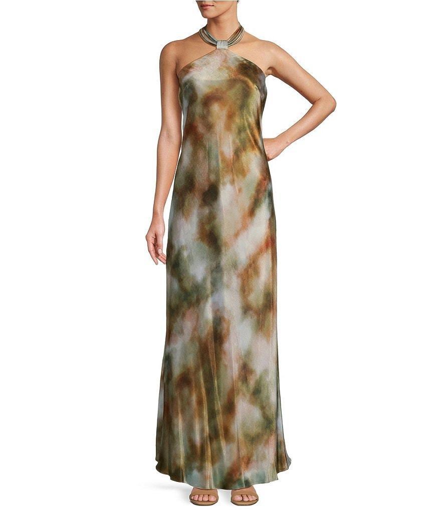 Antonio Melani Dreama Printed Satin Ruched Halter Neck Sleeveless Sheath Slip Maxi Dress Product Image