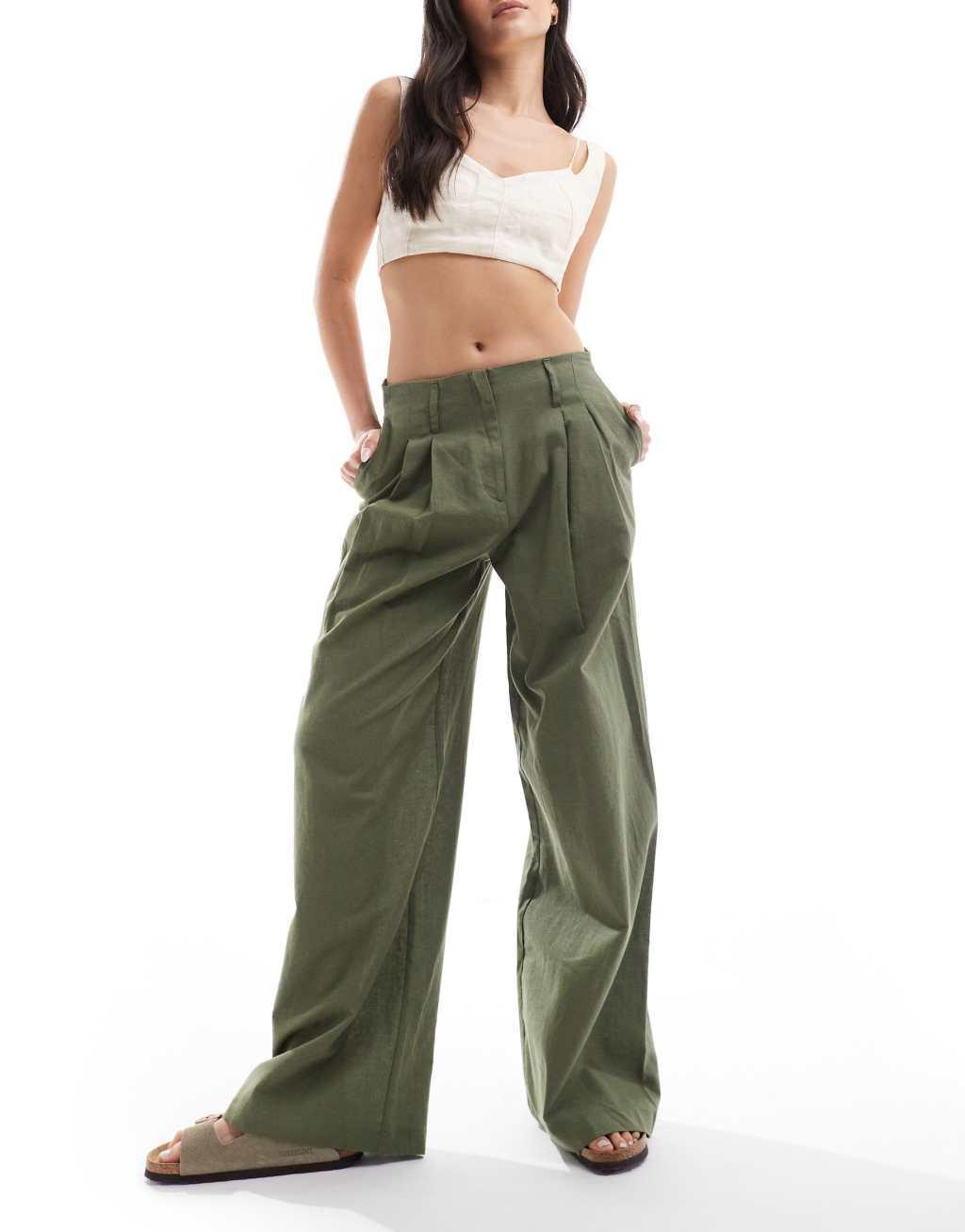 Monki linen mix tailored wide leg pants in khaki Product Image