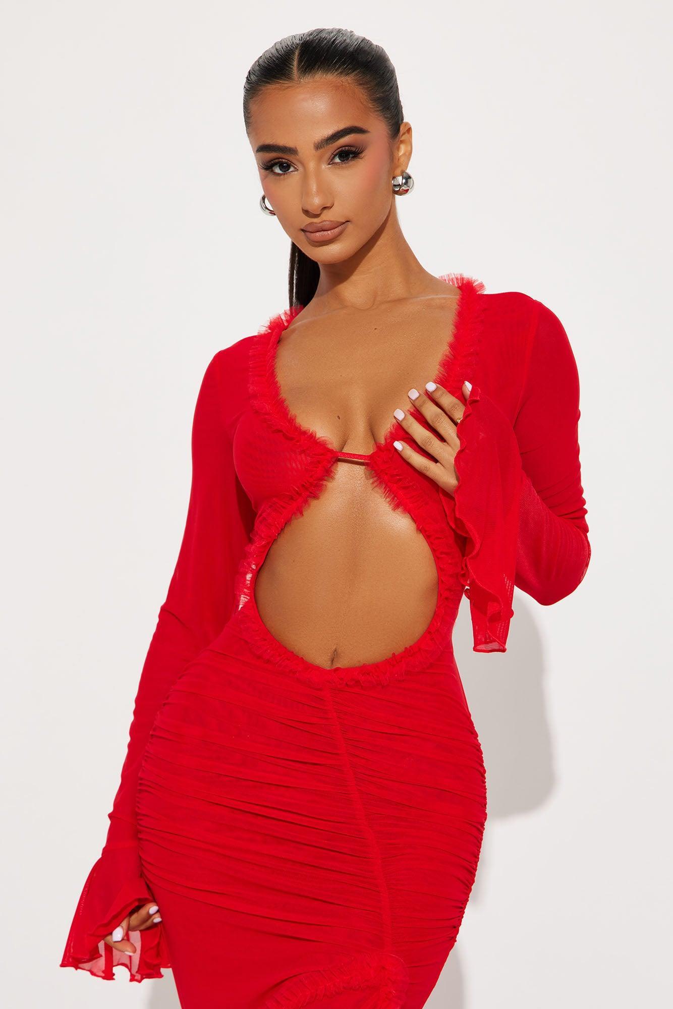 Kianna Long Sleeve Mesh Maxi Dress - Red Product Image