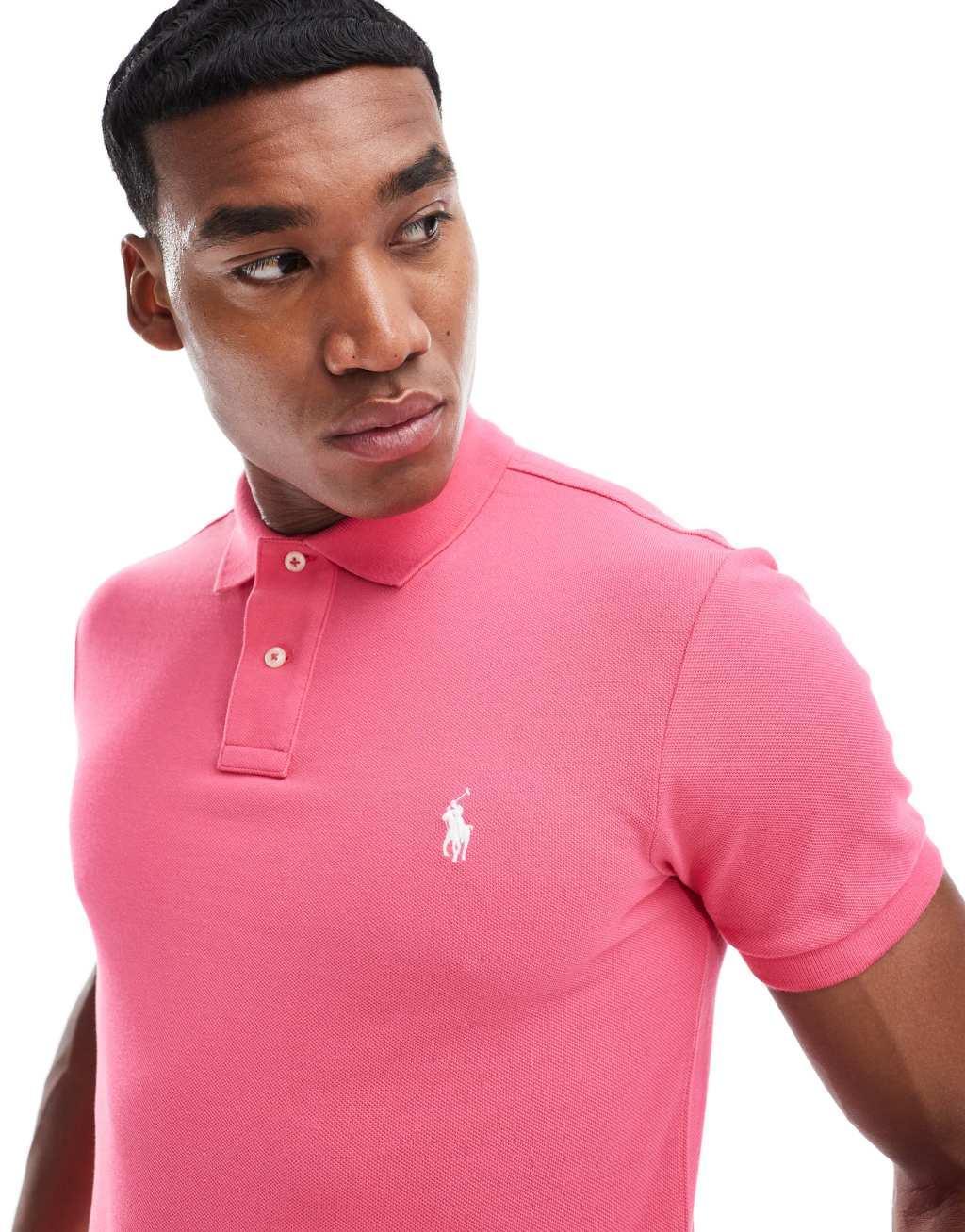 Polo Ralph Lauren icon logo slim fit pique polo in pink Product Image