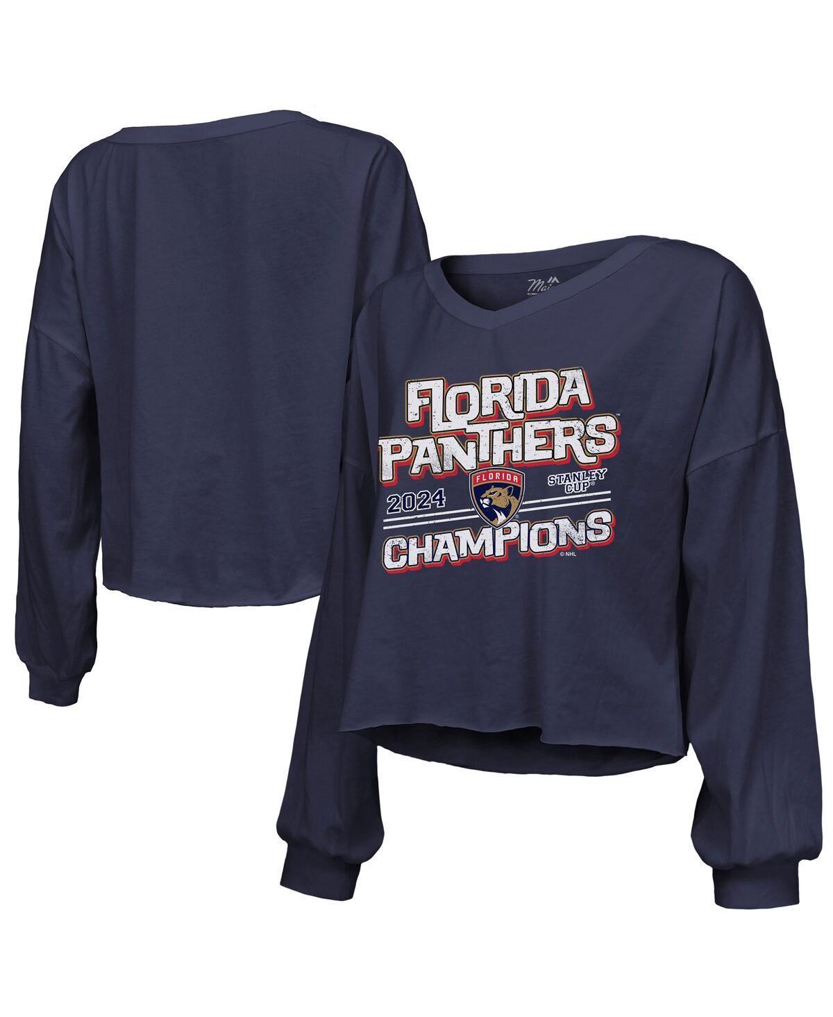 Majestic Womens Navy Florida Panthers 2024 Stanley Cup Champions Off-Shoulder Long Sleeve V-Neck T-Shirt Product Image