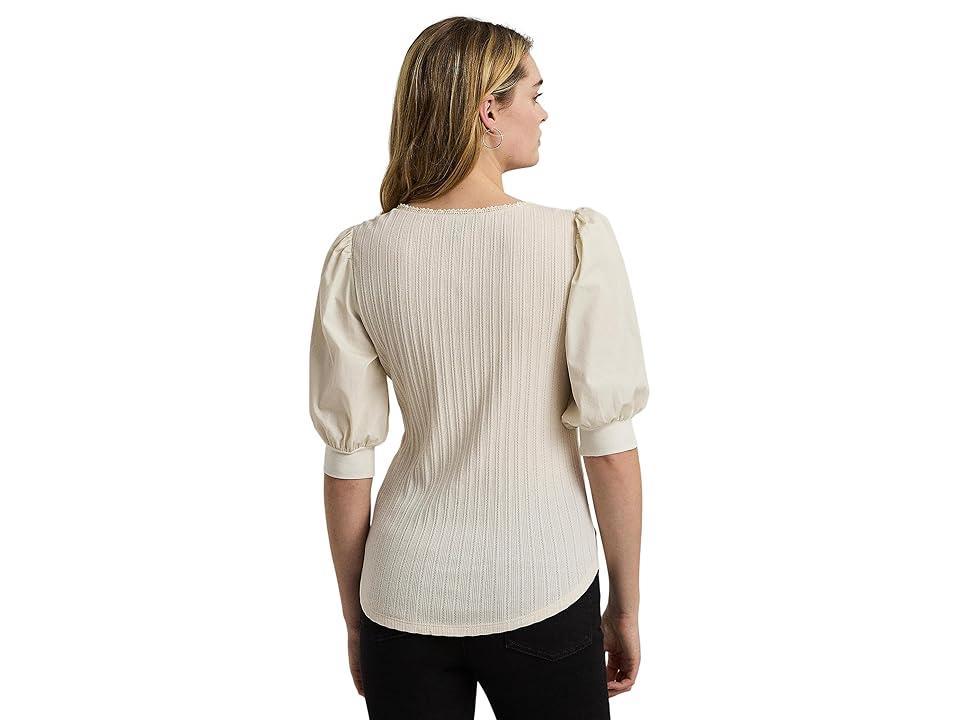 Lauren Ralph Lauren Pointelle Puff Sleeve Henley Tee (Mascarpone Cream) Women's Clothing Product Image