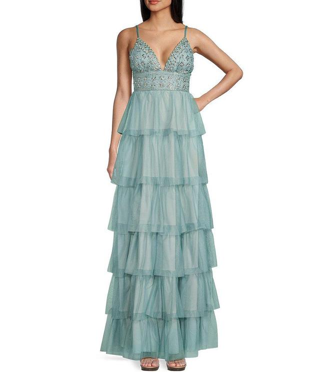 Xtraordinary Sleeveless V-Neck Beaded Tiered Ruffle Mesh Long Dress Product Image