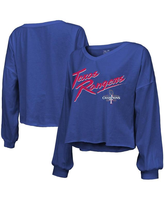 Womens Majestic Threads Royal Texas Rangers 2023 World Series Champions Off-Shoulder Script Cropped Long Sleeve V-Neck T-shirt Product Image