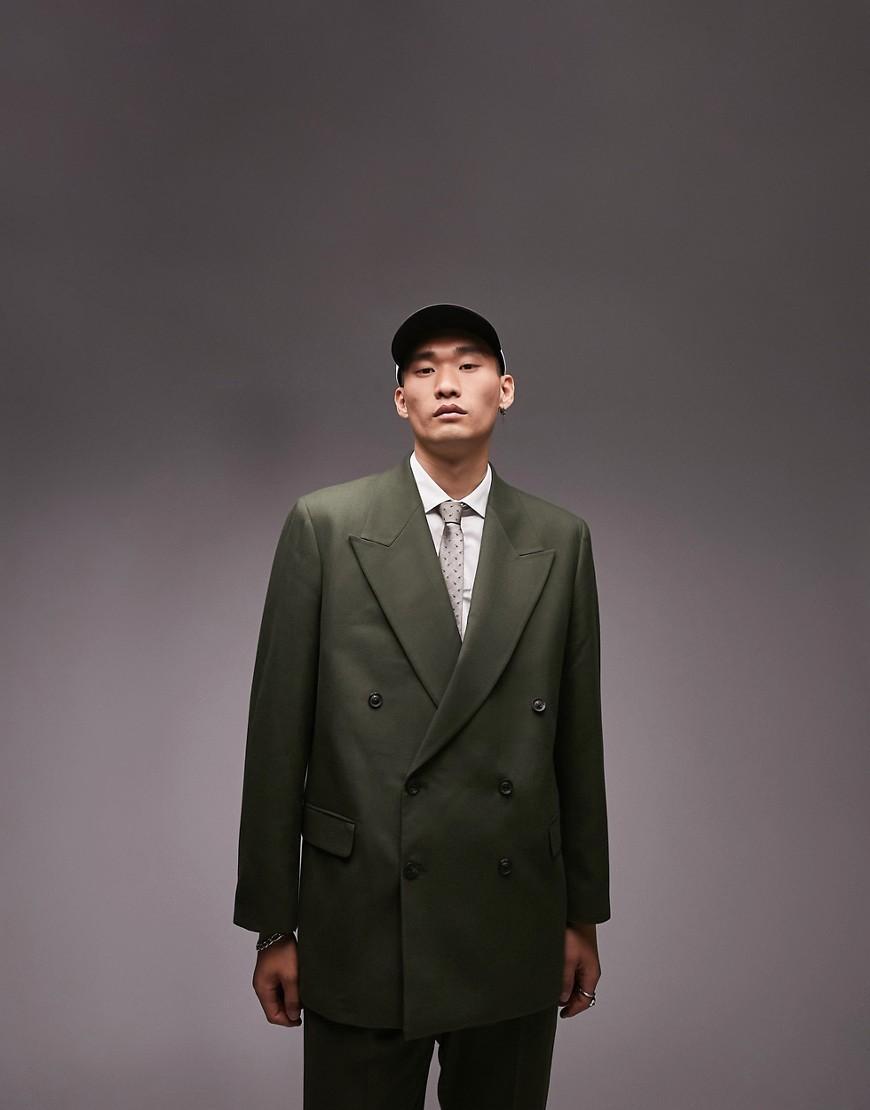 Topman double breasted six button oversized boxy warmhandle suit jacket in khaki Product Image