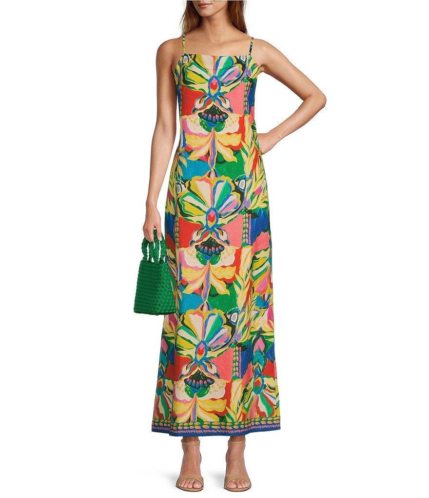 Antonio Melani Giulia Printed Linen Blend Straight Neck Sleeveless Maxi Dress Product Image