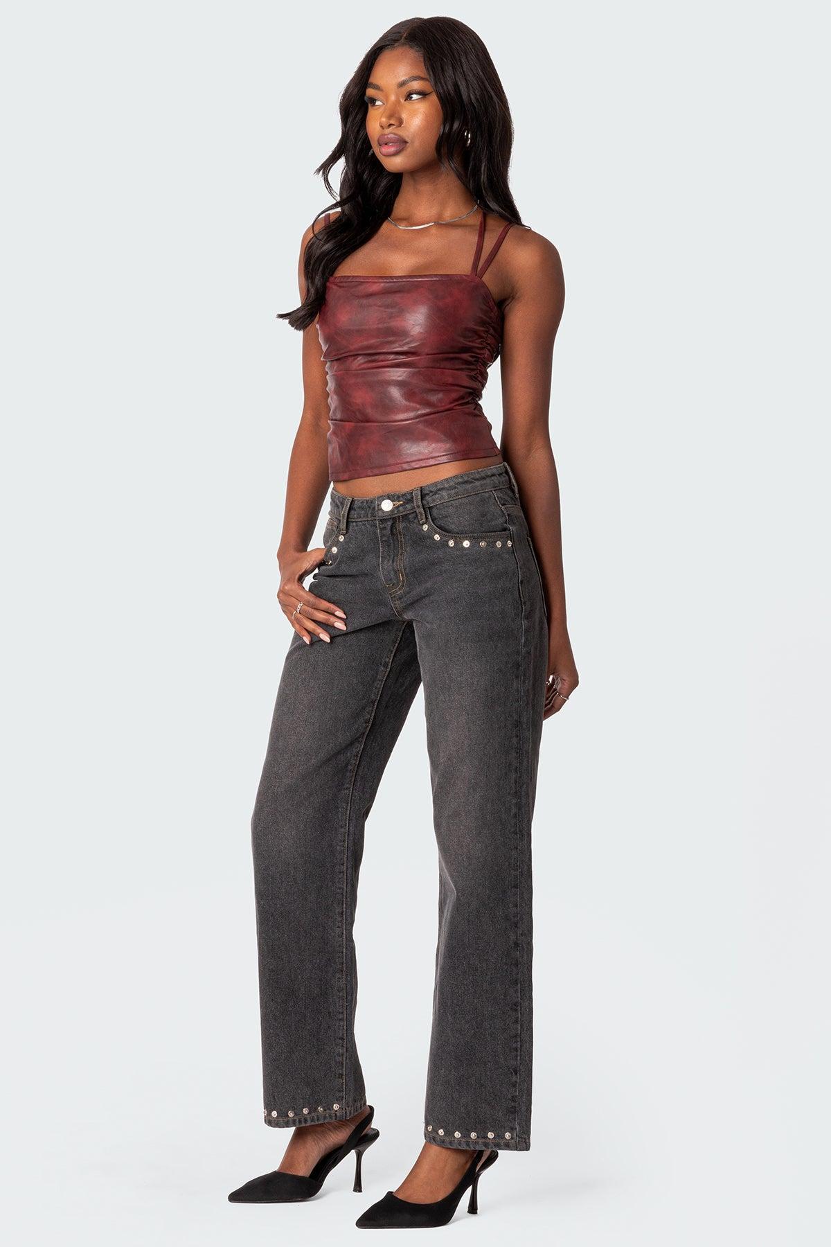 Rivet Trim Straight Leg Jeans Product Image