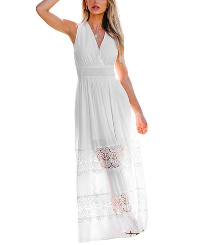 Cupshe Womens White Plunging Sleeveless Lace Maxi Beach Dress Product Image