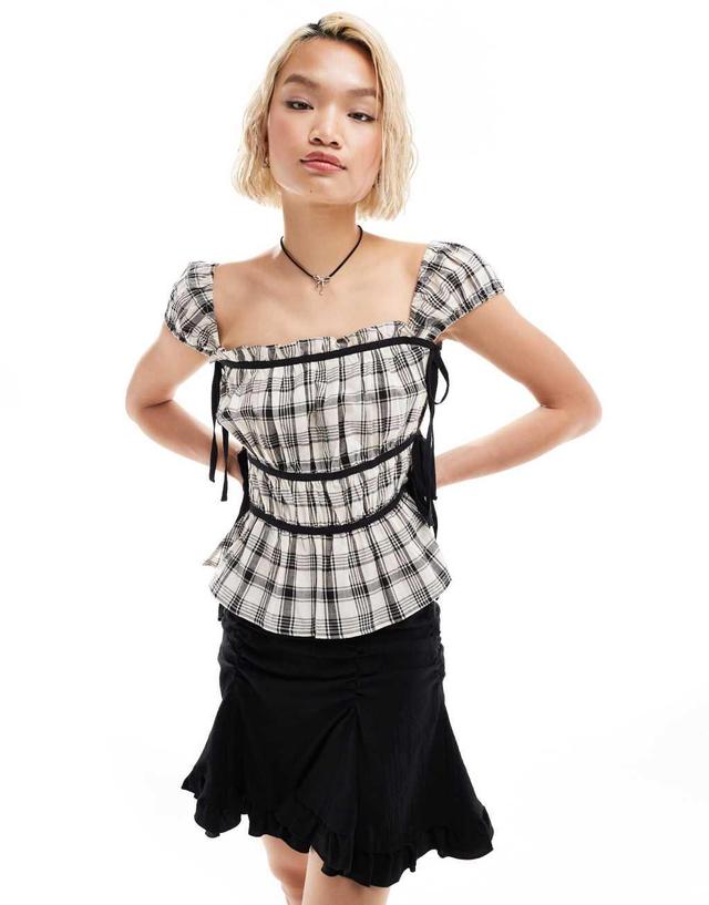 COLLUSION milkmaid top with open bow side in mono check Product Image