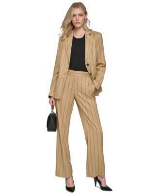 Karl Lagerfeld Womens Striped Two Button Blazer Smocked Ruffled Top Pinstriped Mid Rise Wide Leg Pants Product Image