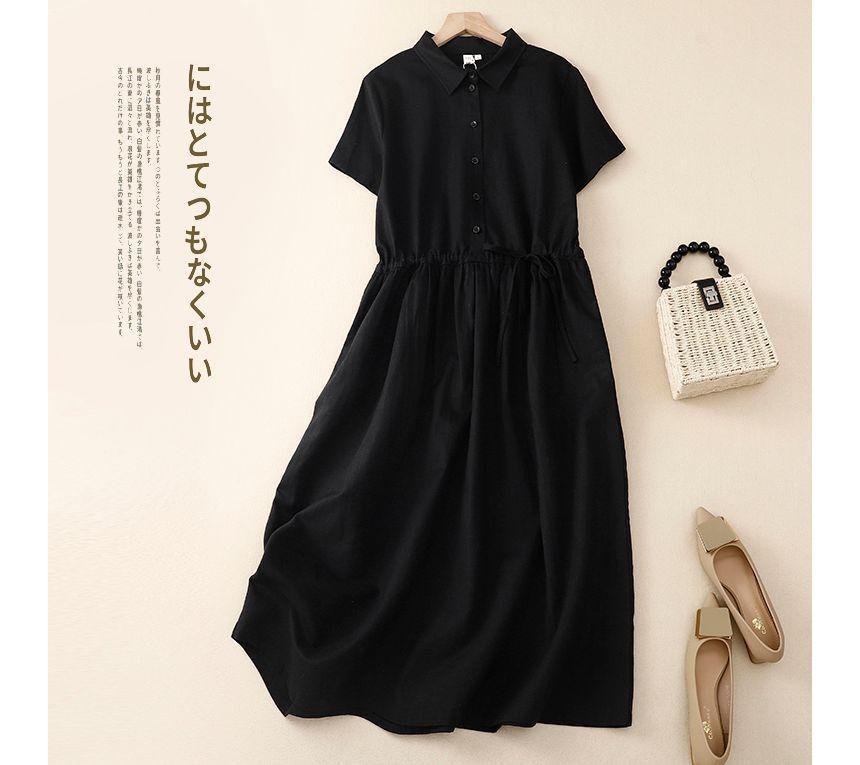 Short-Sleeve Collared Plain Midi A-Line Dress Product Image