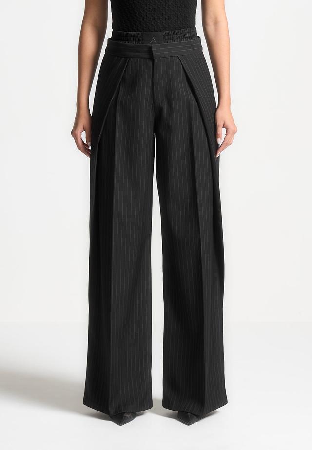 Satin Waistband Pinstripe Trousers - Black Female Product Image