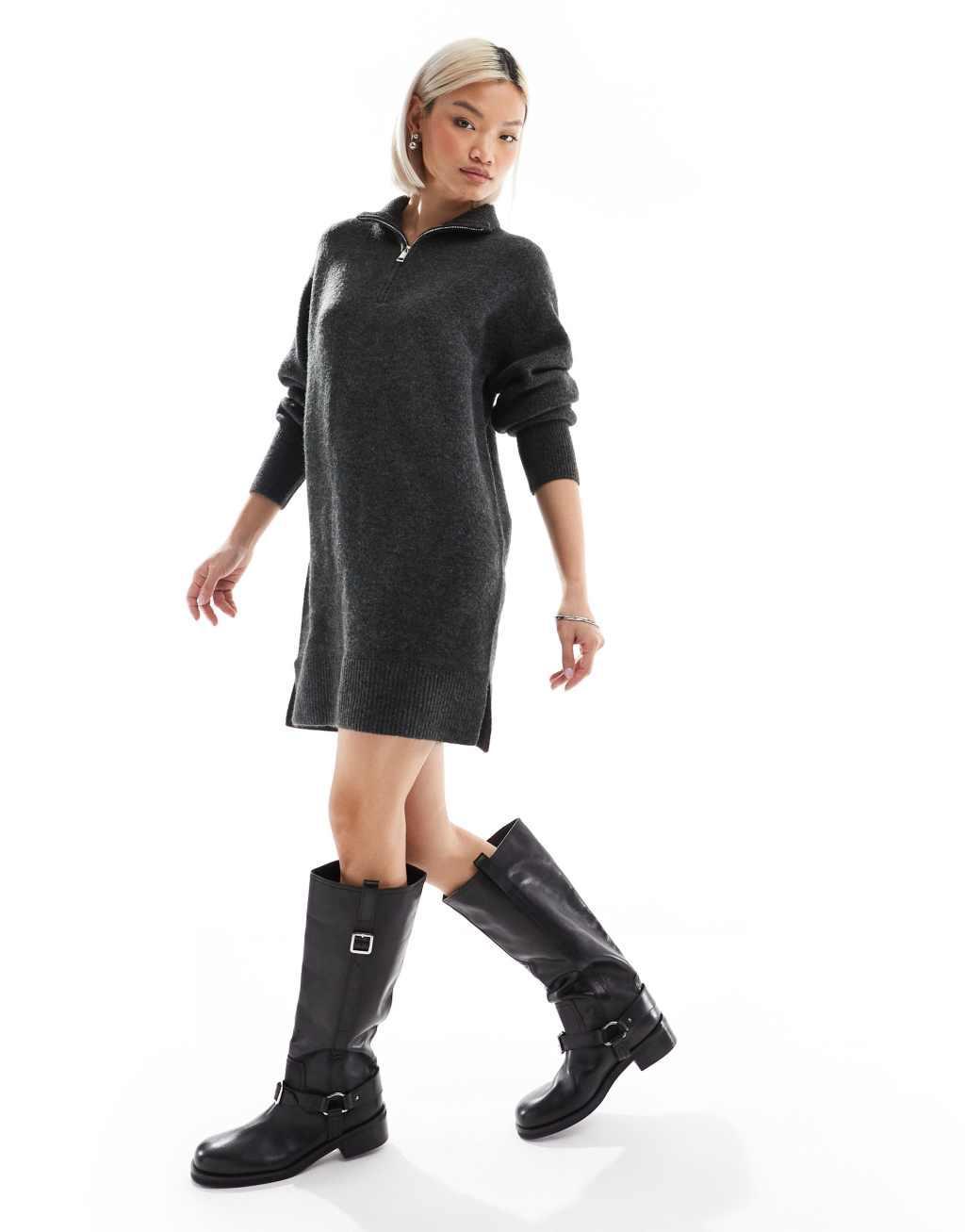 French Connection knit sweater dress with half zip in gray Product Image