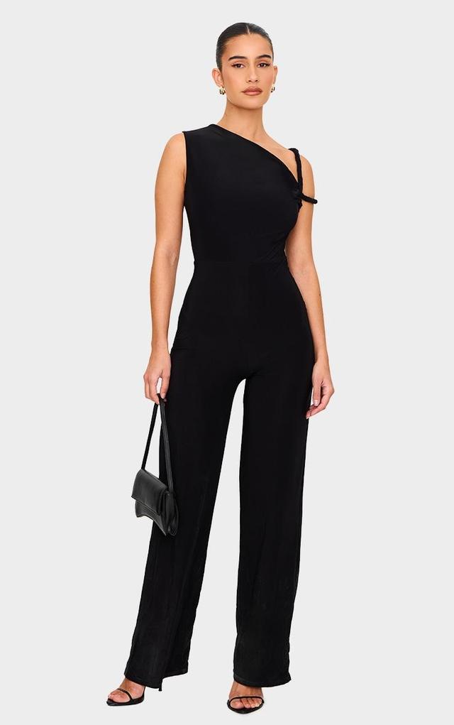 Black Slinky Twist Shoulder Wide Leg Jumpsuit Product Image