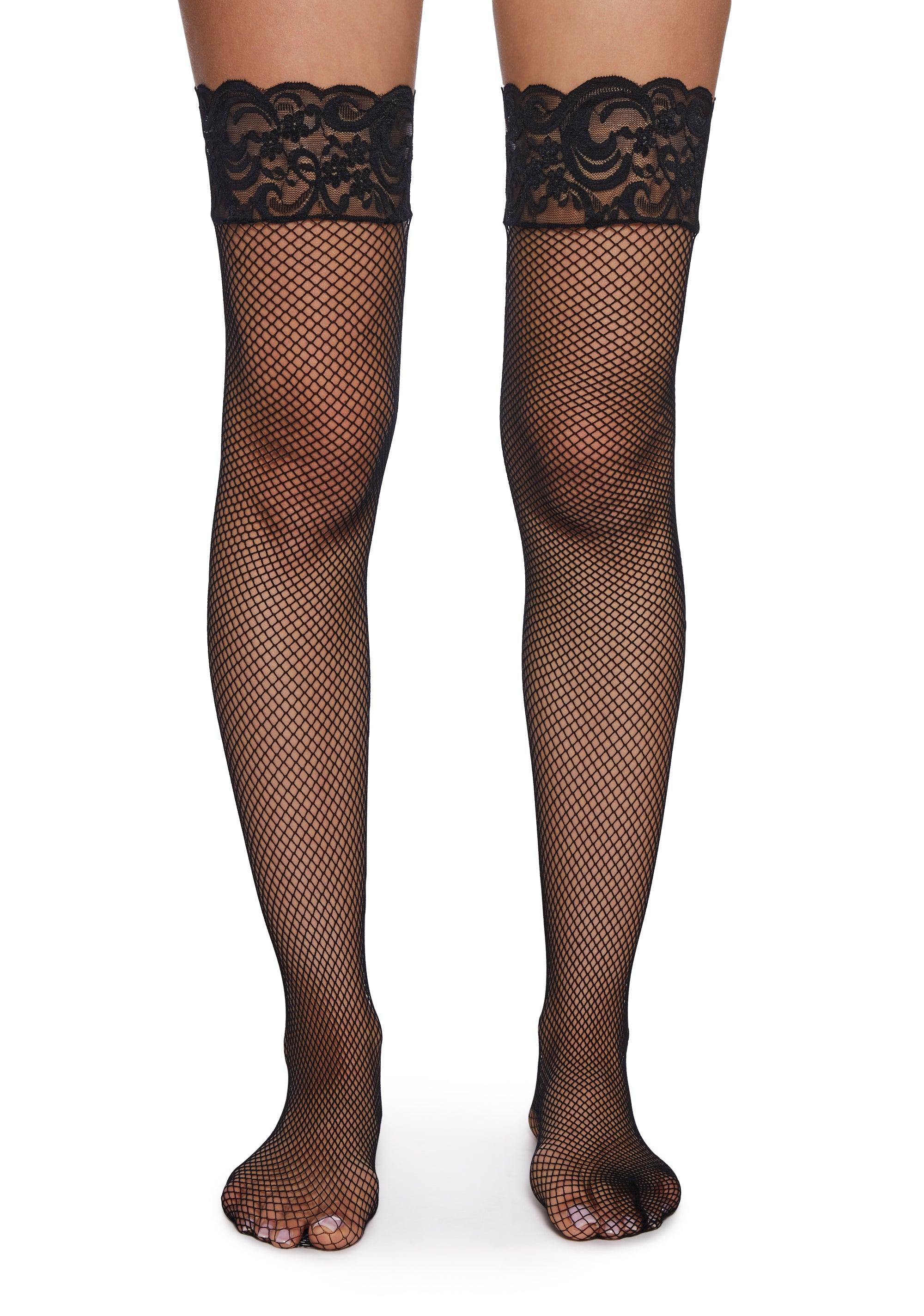 Stretchy Fishnet Lace Thigh High Tights - Black product image