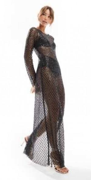 ONLY open knit sequin maxi dress in black Product Image