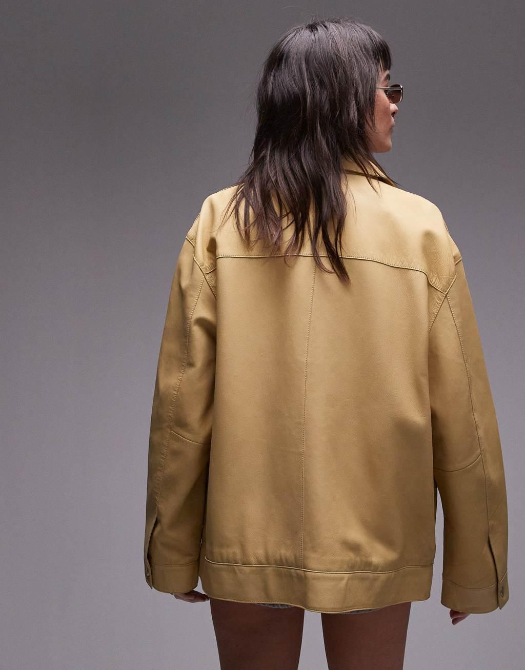 Topshop premium real leather harrington jacket in yellow Product Image