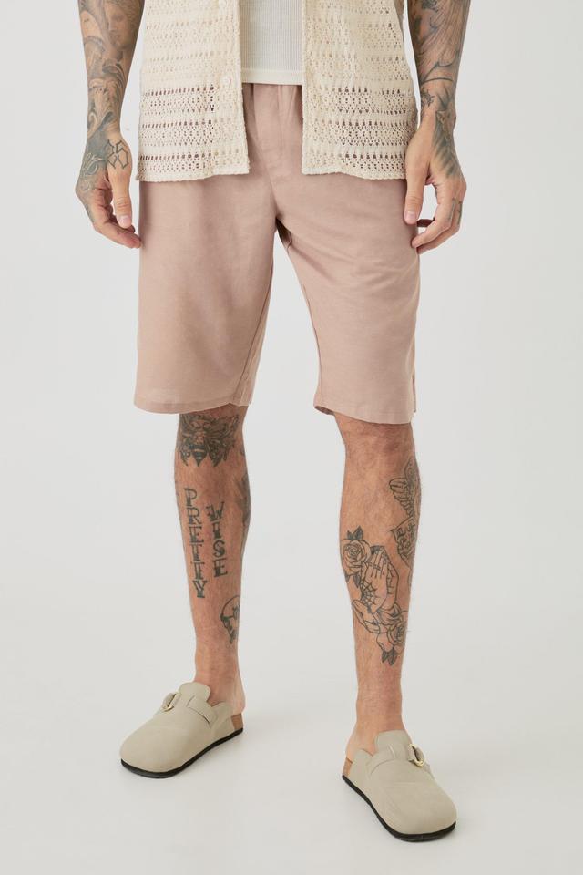 Mens Beige Tall Elasticated Waist Linen Comfort Shorts In Taupe, Beige Product Image