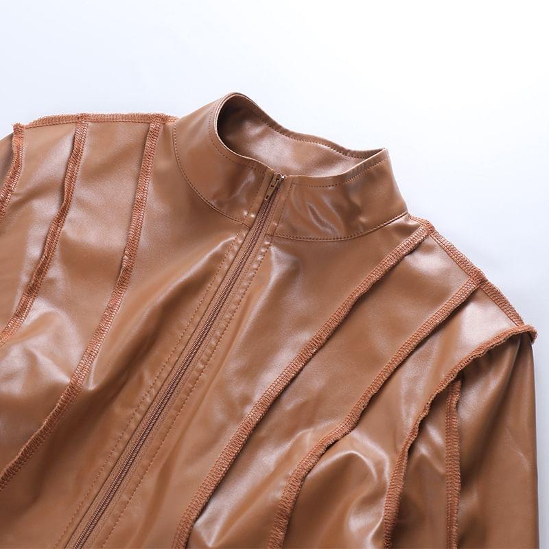 Stand Collar Plain Faux Leather Crop Zip Jacket Product Image