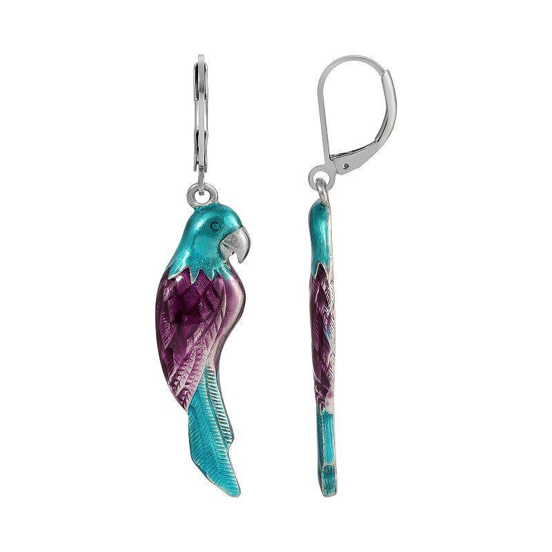 1928 Silver Tone Enamel Parrot Earrings, Womens, Purple Product Image