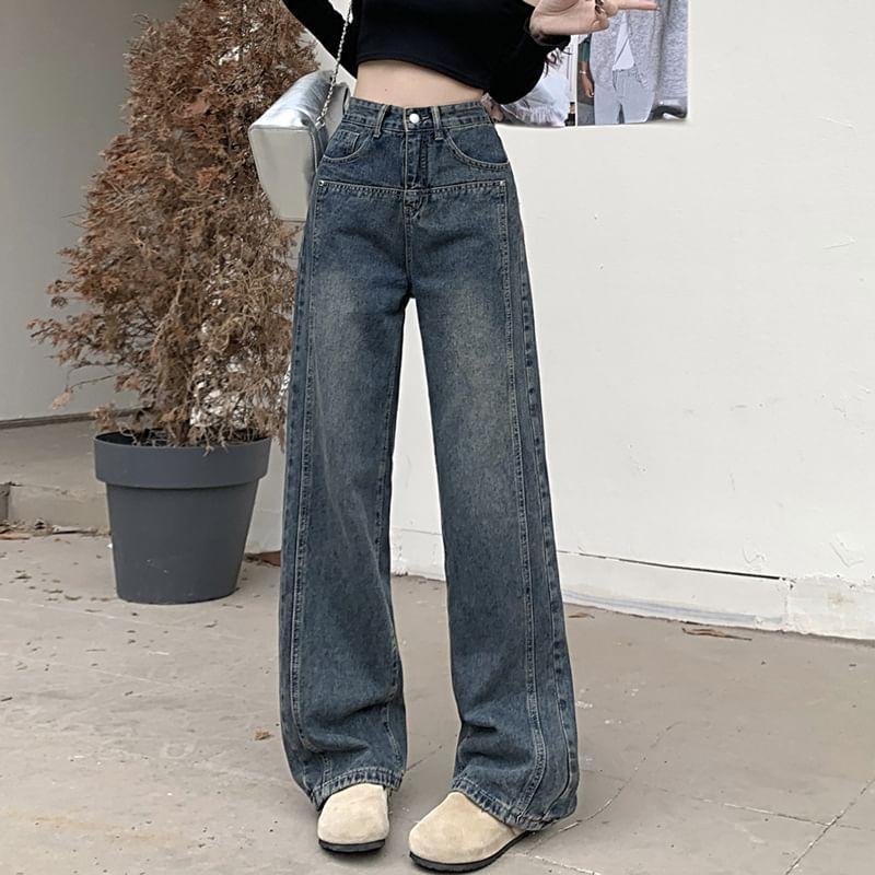 High Rise Washed Straight-Fit Wide-Leg Jeans Product Image