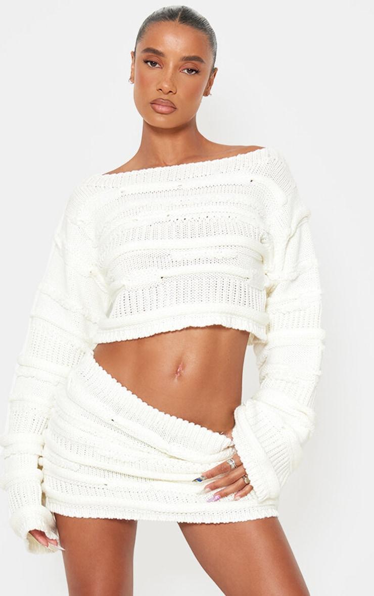 Cream Chunky Raised Contrast Knit Cropped Wide Neck Sweater Product Image