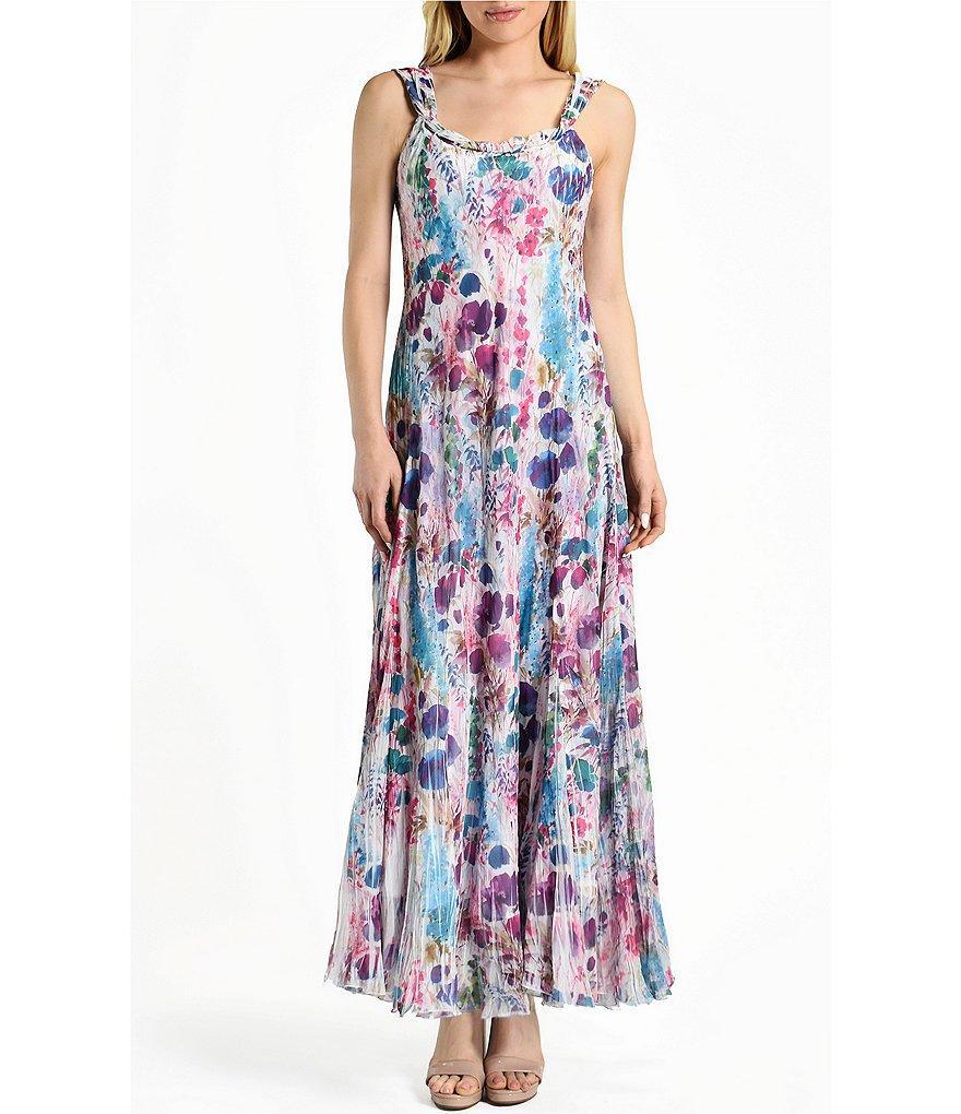 Komarov Chiffon Floral Print Scoop Neck Sleeveless Shawl Insert Lace Back Maxi Dress Product Image