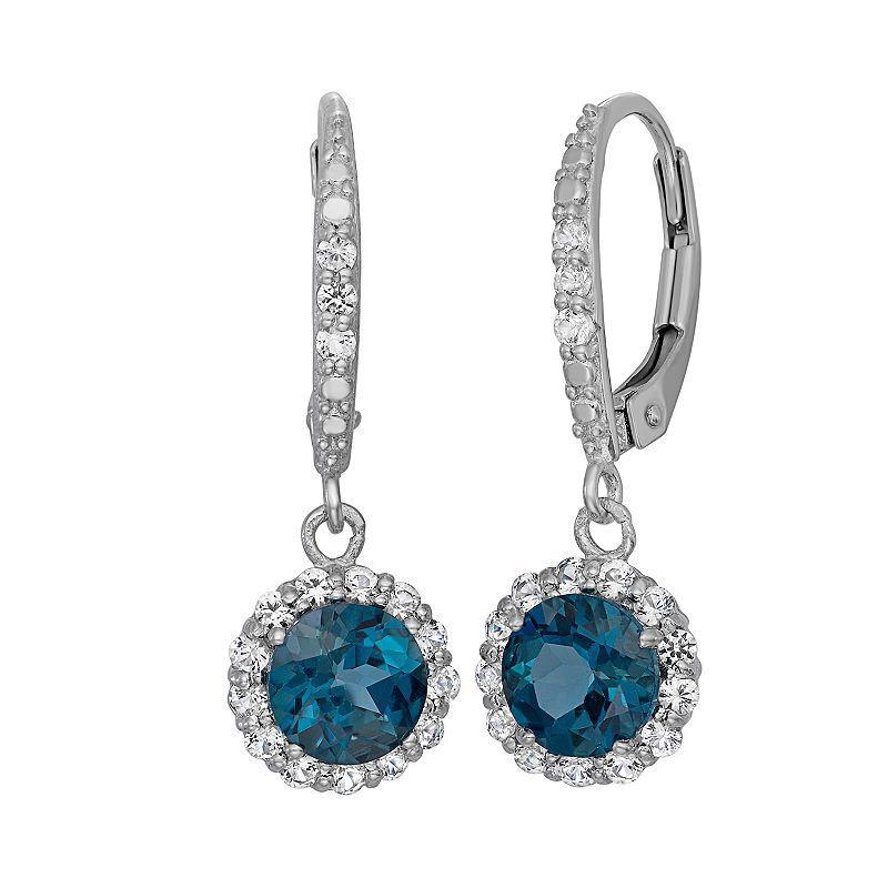 London Blue Topaz and Lab-Created White Sapphire Sterling Silver Halo Drop Earrings, Womens Product Image