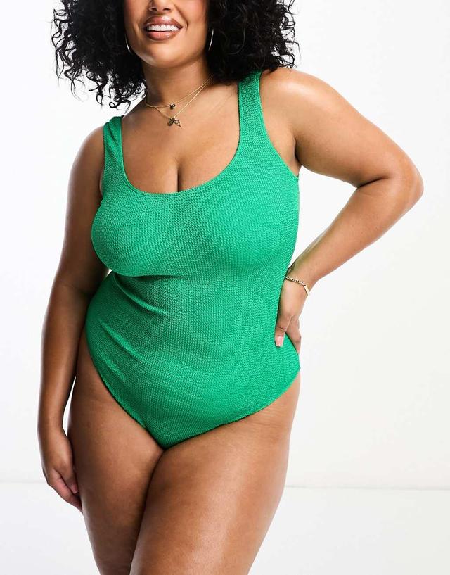 ASOS DESIGN Curve crinkle scoop low back swimsuit in jewel green Product Image