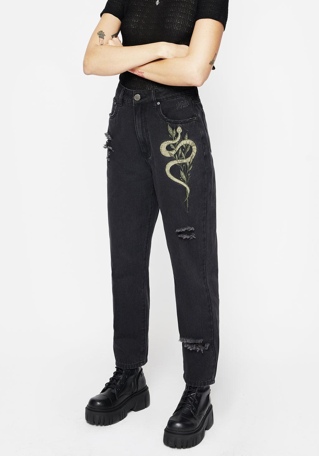 Nirah Embroidered Distressed Mom Jeans Product Image