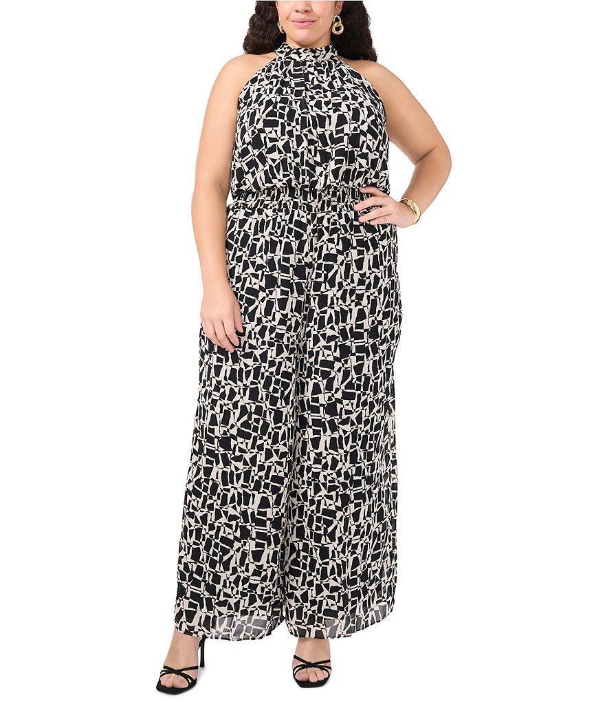 Vince Camuto Plus Size Woven Geometric Print Halter Neck Sleeveless Smocked Waist Flounce Long Leg Jumpsuit Product Image