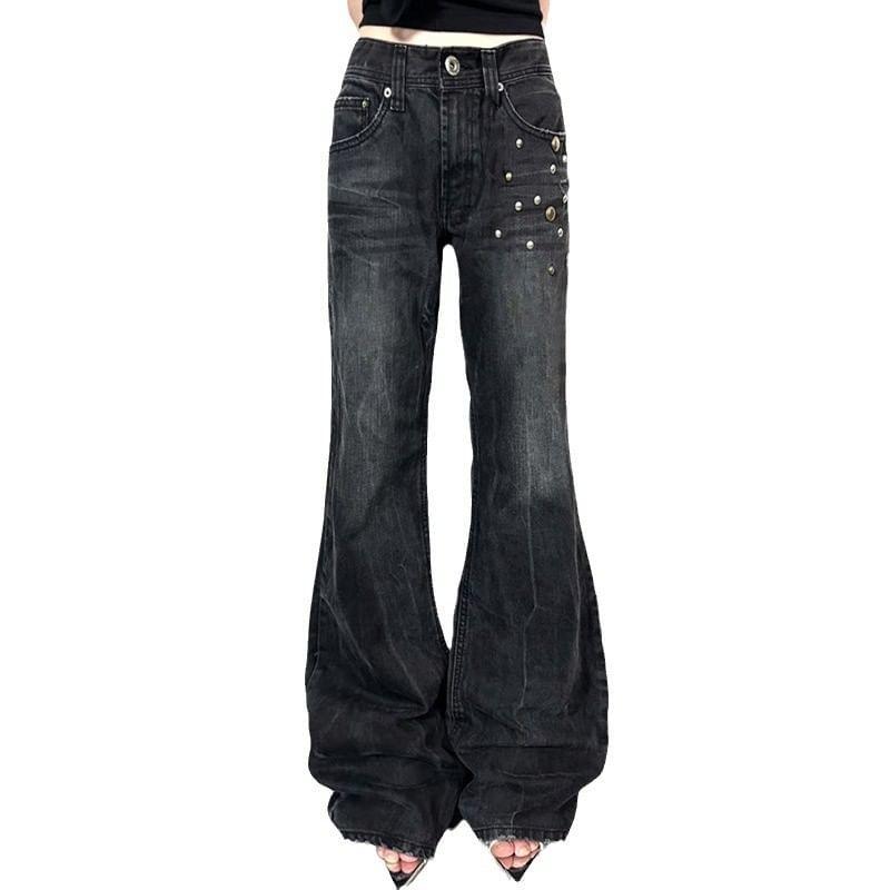 Low Rise Washed Studded Flared Jeans Product Image