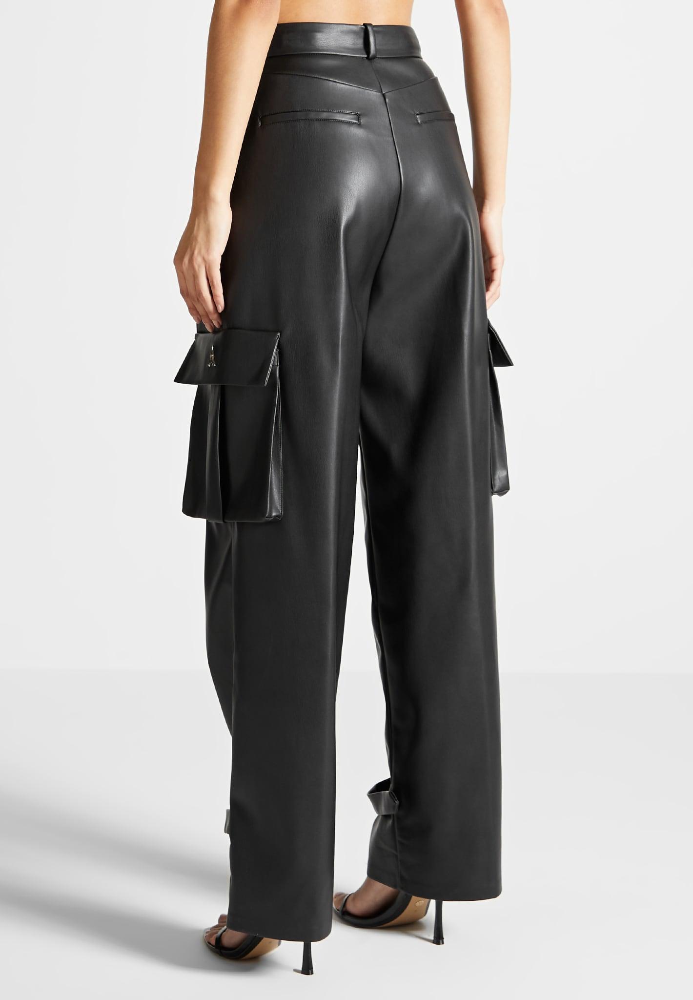 Vegan Leather Pleated Cargo Trousers - Black Female Product Image