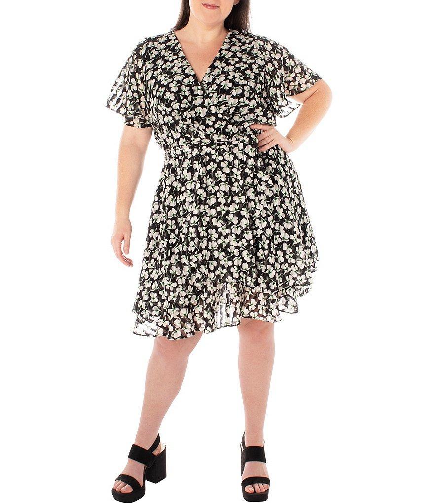 Maison Tara Plus Size Short Flutter Sleeve V-Neck Floral Tie Waist Dress Product Image