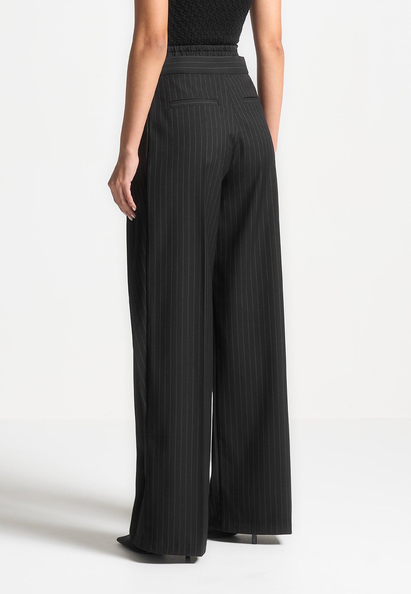 Satin Waistband Pinstripe Trousers - Black Female Product Image