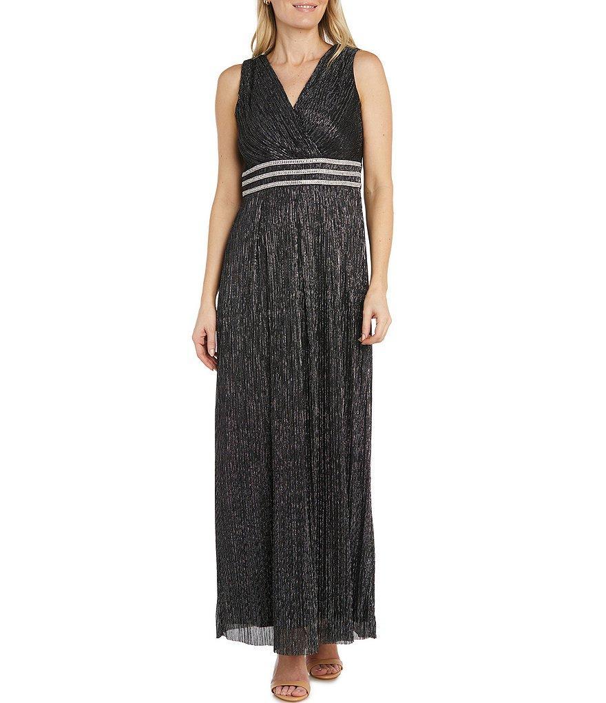 R & M Richards Pleated Metallic V-Neck Sleeveless Gown Product Image