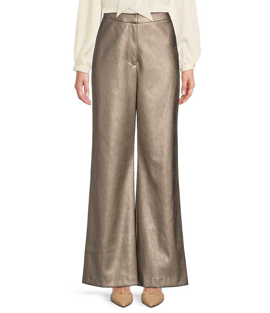 Alex Marie Robyn Faux Suede Coated Metallic High Rise Flat Front Wide Straight Leg Pants Product Image