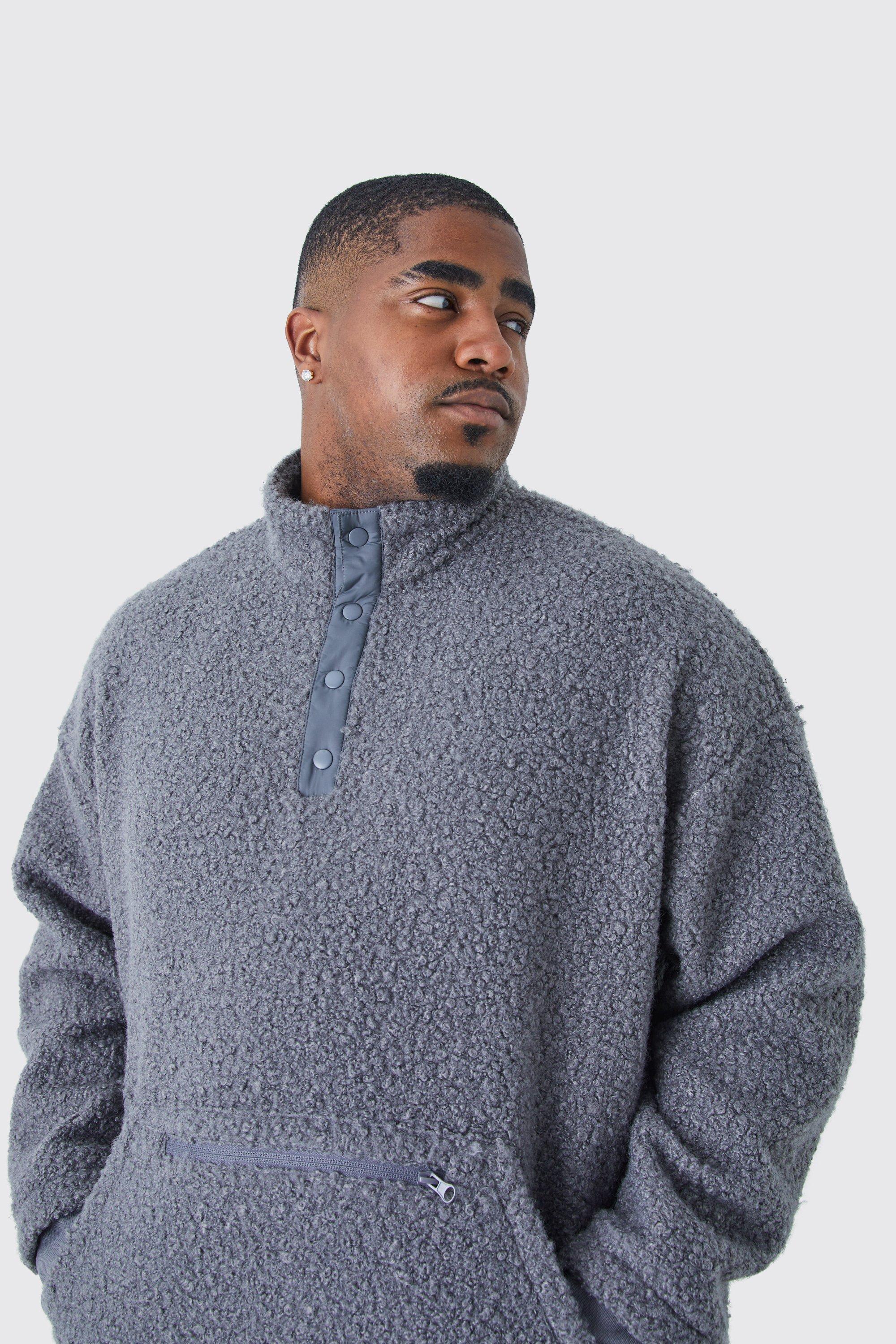 Plus Oversized 1/4 Button Boucle Sweatshirt | boohooMAN USA Product Image