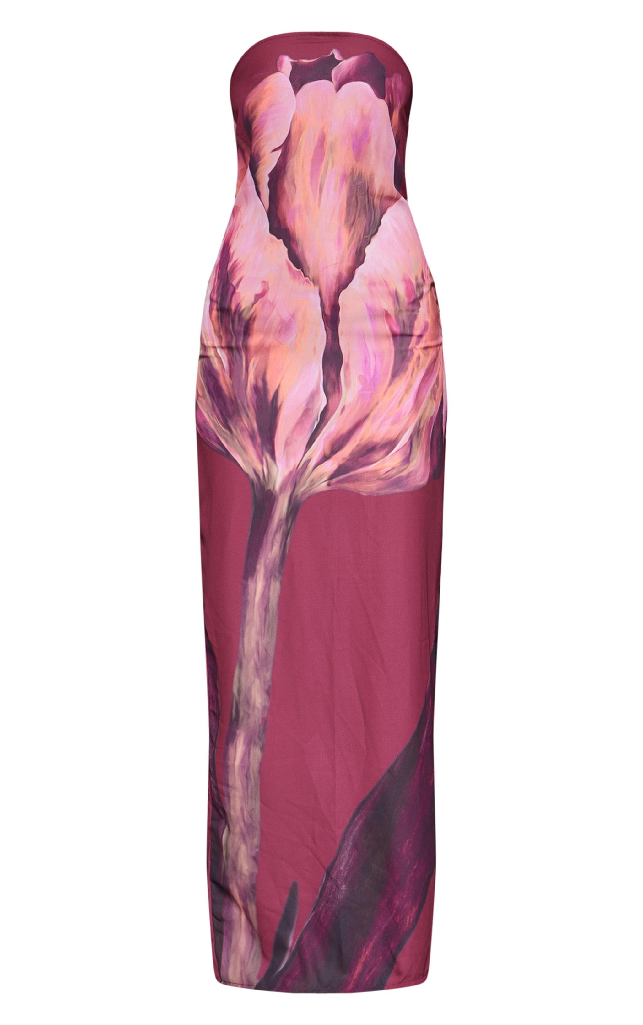 Burgundy Oversized Chiffon Floral Print Bandeau Maxi Dress Product Image